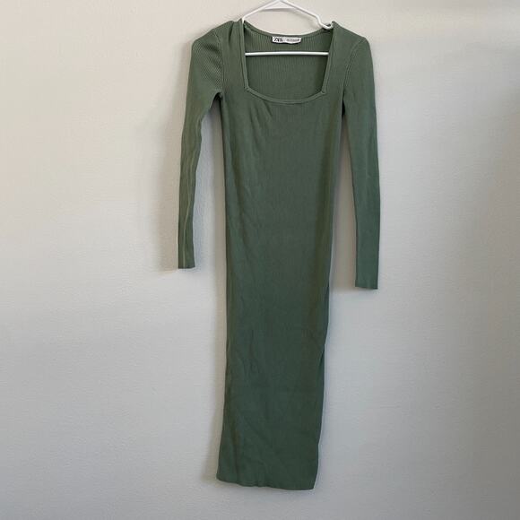 Zara Sweater Dress Women S Green Midi Knit Minimalist Casual Boho Squareneck - Picture 1 of 7